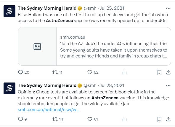 Hi @smh No media company in Australia promoted the warp-speed Astra-Zeneca COVID jab more than you. AstraZeneca just cancelled that product because of the harm it causes ... so why have you chosen to not update readers? Is it better to admit error or attempt to cover it up?