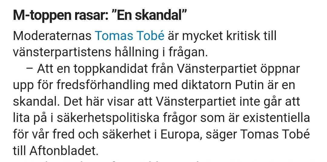 @beckmansasikter Tomas Tobe ljuger när han säger att detta är Vänsterpartiets hållning i frågan. Det är en vänsterpartist, fjärdenamn på EU-listan, som yttrat sig om att förhandling måste vara en möjlig väg bort från kriget. 

#HögernsLögner

Första namnet, @jsjostedt , har en annan åsikt: