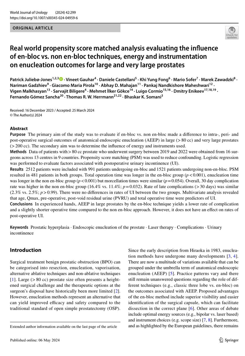 🔹en-bloc vs non en-bloc for >80 & > 200 gms prostate 🔹 shorter operative time & SUI for en- bloc 🔹Age, preop Qmax & PVRU & operative time - predictors of incontinence