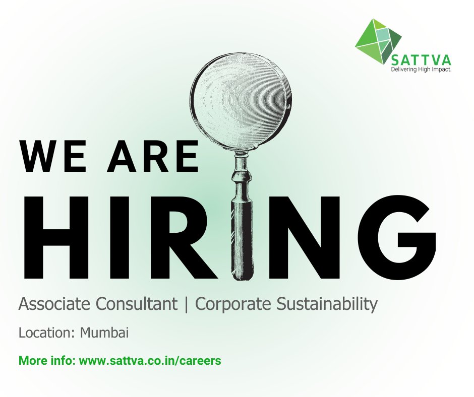 We're #hiring! At Sattva, we're looking for a highly motivated and mission-driven individual who will get an opportunity to be an integral part of the #CorporateSustainability Business Unit team, working on a CSR Consulting Project for a leading Banking company based out of
