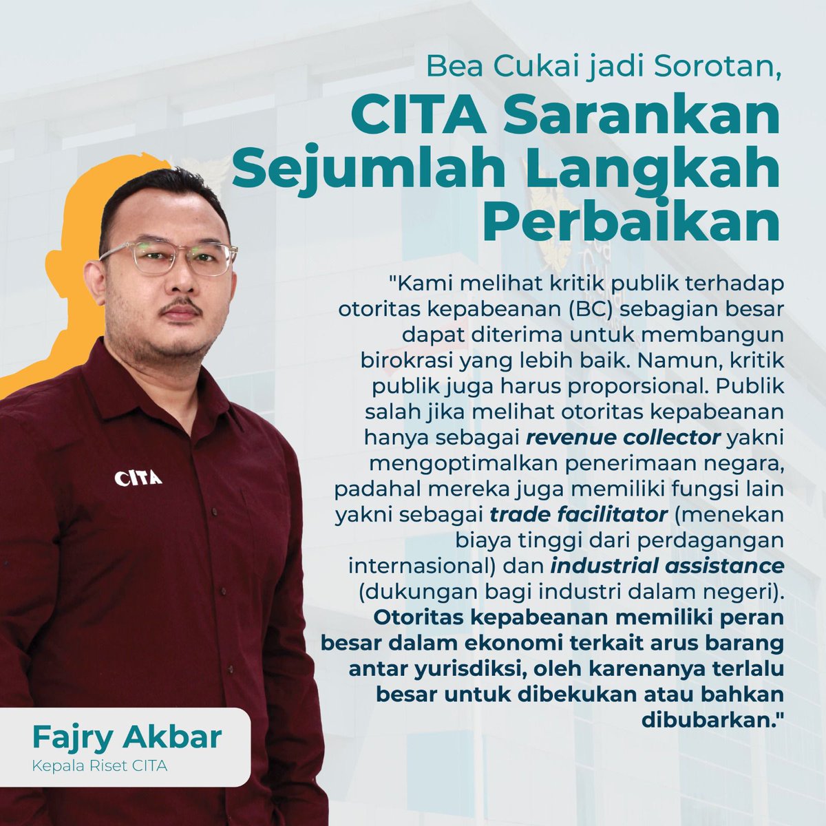 Kepala Riset CITA Fajry Akbar, menyarankan sejumlah saran perbaikan terkait sorotan publik kepada institusi #BeaCukai #CITA #impor #opini