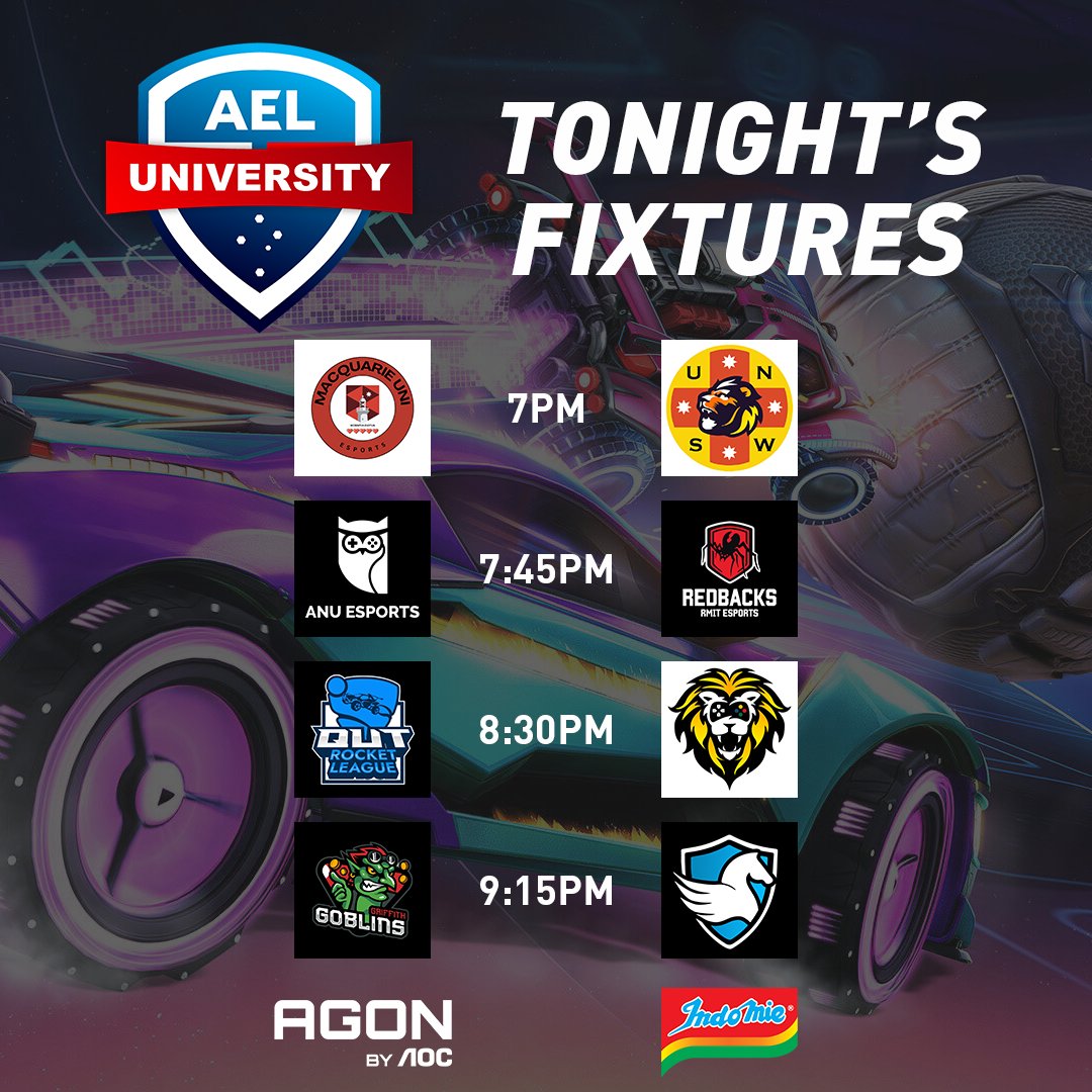 Australian Esports League (@auesportsleague) on Twitter photo Match Day 7 today!
🔴6:45PM AEST
📺twitch.tv/auesportsleague
🎙️@MattSe123 & <a href="/JakeRL/">JakeRL</a>
🎬<a href="/Dover888/">Ben O'Connor</a> & <a href="/4ngrymanRL/">4ngryman</a>
The AEL is proudly sponsored by <a href="/AGONbyAOC/">AGON by AOC</a> & <a href="/Indomielovers/">Indomie</a>
<a href="/MQUGaming/">Macquarie Uni Esports</a> <a href="/UNSW_ESports/">UNSW ESports Club</a> <a href="/ANU_Esports/">ANU ESPORTS</a> <a href="/RMITesports/">RMIT Esports & Games</a> <a href="/qutesports/">QUT Esports</a> <a href="/USYDSOG/">Sydney University Society of Gamers</a> <a href="/GriffithEsports/">Griffith Esports</a> <a href="/uonesportsclub/">University of Newcastle Esports Club</a> Match Day 7 today!
🔴6:45PM AEST
📺twitch.tv/auesportsleague
🎙️@MattSe123 & <a href="/JakeRL/">JakeRL</a>
🎬<a href="/Dover888/">Ben O'Connor</a> & <a href="/4ngrymanRL/">4ngryman</a>
The AEL is proudly sponsored by <a href="/AGONbyAOC/">AGON by AOC</a> & <a href="/Indomielovers/">Indomie</a>
<a href="/MQUGaming/">Macquarie Uni Esports</a> <a href="/UNSW_ESports/">UNSW ESports Club</a> <a href="/ANU_Esports/">ANU ESPORTS</a> <a href="/RMITesports/">RMIT Esports & Games</a> <a href="/qutesports/">QUT Esports</a> <a href="/USYDSOG/">Sydney University Society of Gamers</a> <a href="/GriffithEsports/">Griffith Esports</a> <a href="/uonesportsclub/">University of Newcastle Esports Club</a>