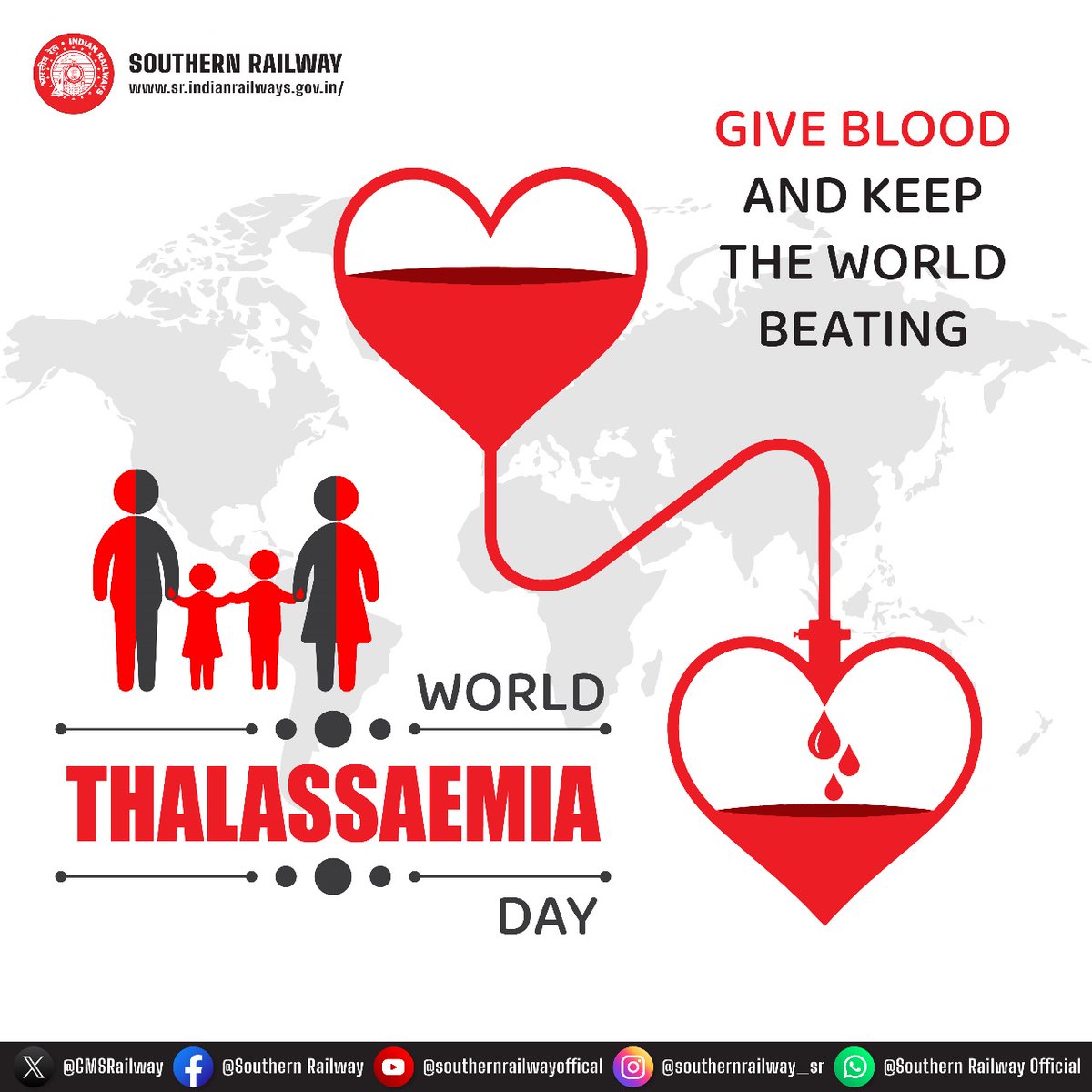 On #WorldThalassemiaDay, let's raise awareness about thalassemia and advocate for early detection, effective treatments, and continued research. Together, we can improve the quality of life for those living with this condition. #SouthernRailway