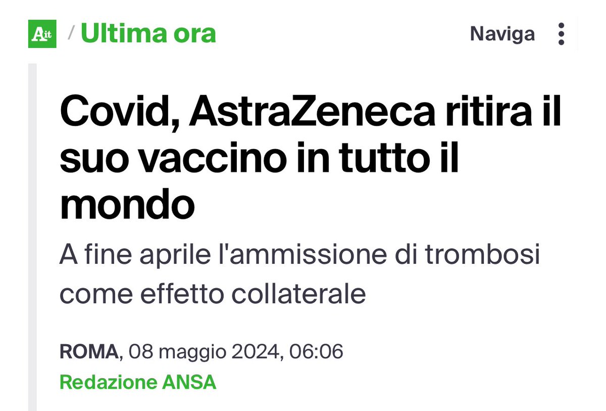 Covid, #AstraZeneca ritira il suo vaccino in tutto il mondo.
A fine aprile l'ammissione di trombosi come effetto collaterale.
#8maggio