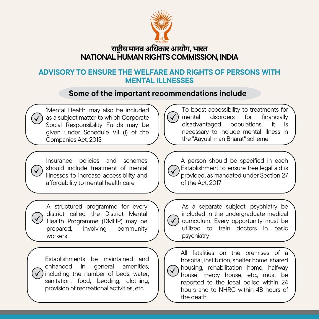 Mental health is the foundation for the well-being of any person to lead a meaningful & productive life. Despite the Mental Healthcare Act, 2017 in place, NHRC is concerned about its effective implementation. Here are some highlights of its mental health advisory.