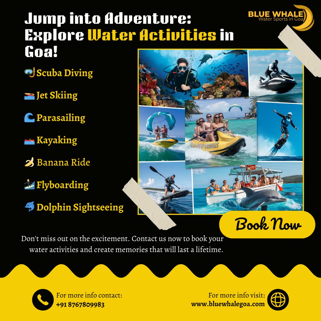 🌊 Dive into Goa's aquatic paradise! Scuba diving, jet skiing, parasailing, kayaking, banana rides, flyboarding, dolphin sightseeing. Book now! Contact: +91 8767809983 📞 #GoaAdventure #WaterSports 🏄‍♂️🚤🐬