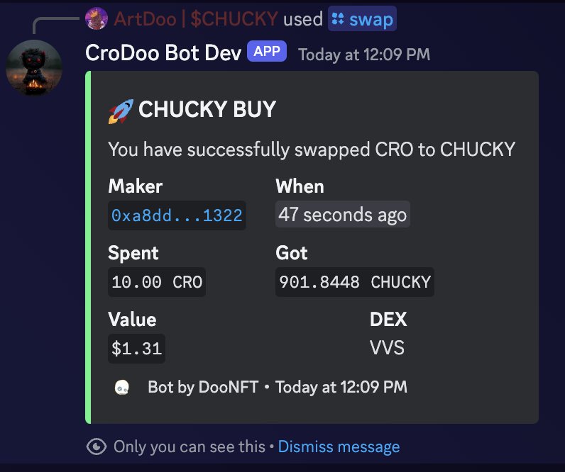 Trade #crypto & #memecoins on discord?🤯👀 How will it work? - Generate new wallet through the bot and receive your address & private key (keep it safe). - Deposit CRO into the wallet - Trade using the DooBot, available on all the discords @TheDooNFT supports #crofam #Cronos