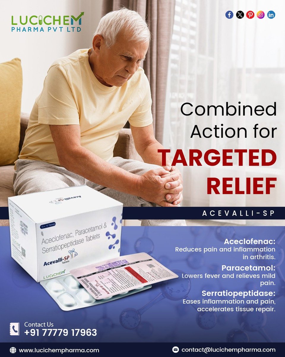 Say goodbye to arthritis discomfort with Acevalli-SP from Lucichem Pharma! Our powerful formula targets inflammation and pain, restoring comfort and mobility for a brighter tomorrow. 💊🌟
Connect Today!!:
📞 +91-888-775-7107
🌐 lucichempharma.com
#PCDPharmaFranchise
