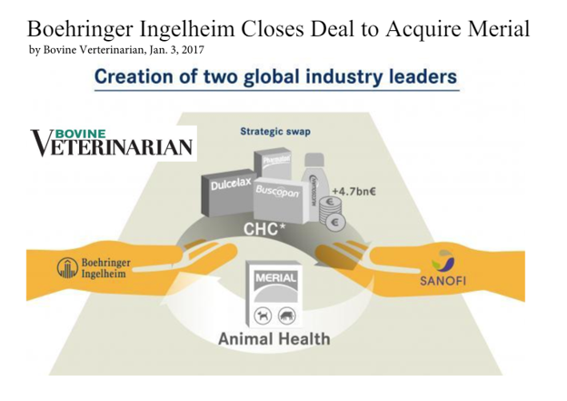 INTERESTING...... 

Boehringer Ingelheim Closes Deal to Acqure Merial (2017)

BOVINE VETERINARIAN & SANOFI

The acquisition of Merial makes BI the second-largest animal-health company in the world. The U.S. animalhealth market will be the largest for Boehringer Ingelheim. 

TAKE