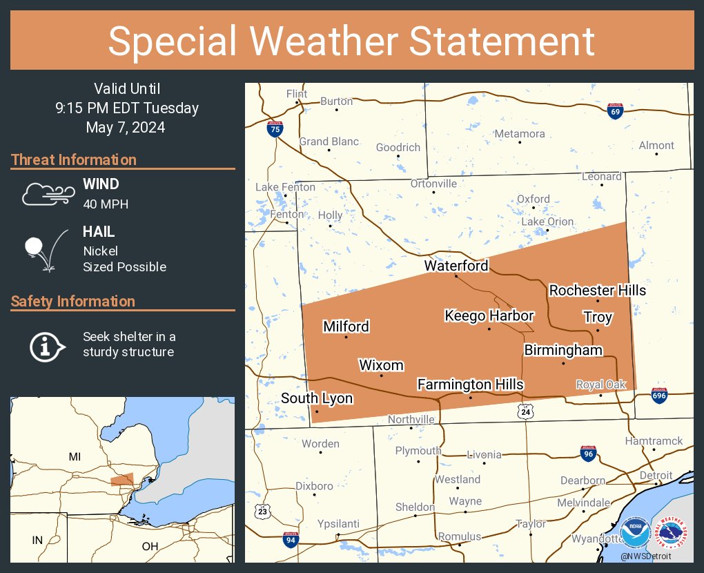 A special weather statement has been issued for Troy MI, Farmington Hills MI and Rochester Hills MI until 9:15 PM EDT