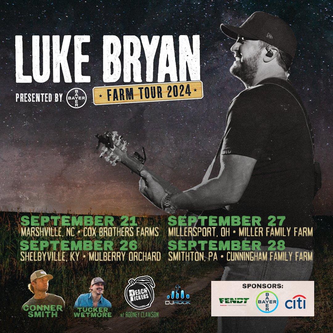 Luke Bryan Farm Tour 2024 is coming to Western PA's own Cunningham Family Farm in Smithton on Sept. 28th! Radio pre-sale begins tomorrow at 10AM local with code: LOVEYOU24 Details and tickets available at lukebryan.com