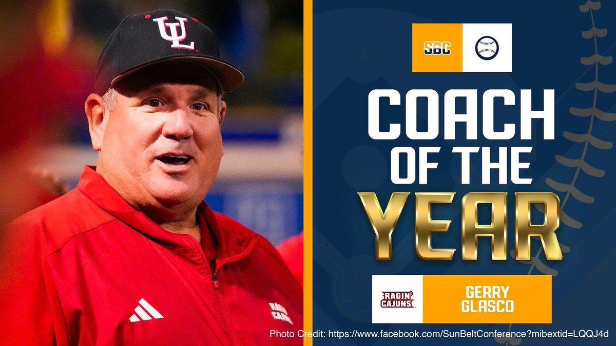 Congratulations to Coach @GerryGlasco on being named the Sun Belt Conference Coach of the Year! With Coach Goasco’s leadership and great play from the team (and of course a great fan base), the UL @RaginCajunsSB  Softball team won its 5th straight #SunBeltSB regular season title…