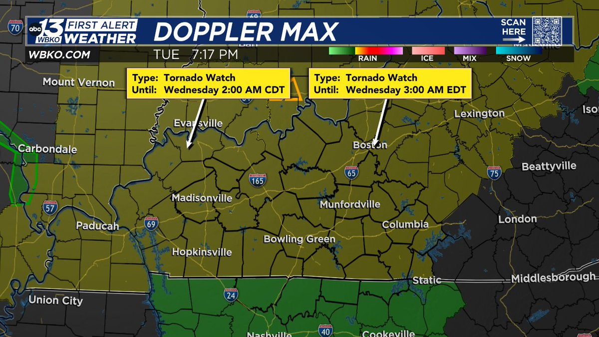 FIRST ALERT WEATHER: A Tornado Watch has been issued for the entire viewing area through 2am Central/3am Eastern. Stay tuned to the WBKO First Alert Weather Team for updates. #ky #wx #kywx #kentucky #weather #tornado