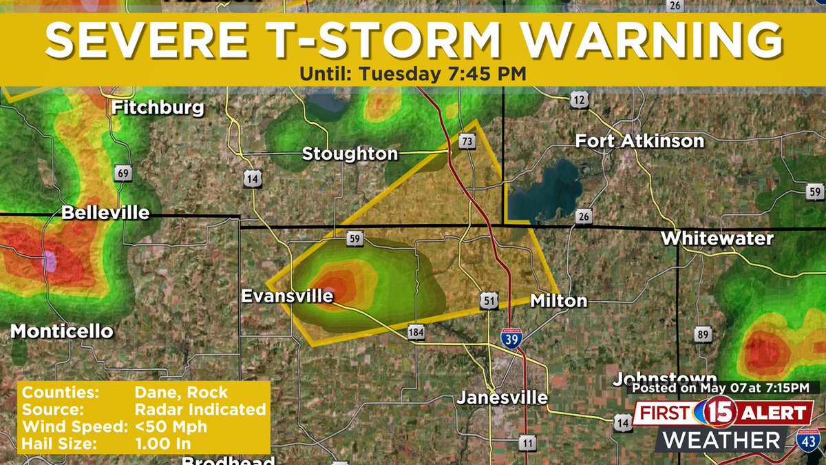 A *Severe Thunderstorm Warning* has been issued for Rock, Dane counties until 07 May 7:45PM. Tune in to 15 News for the latest updates!