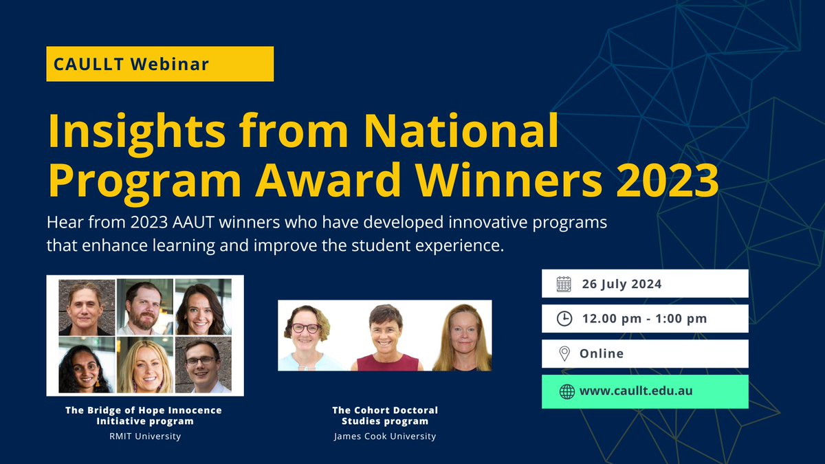 Join us on Fri 26 July 12pm AEST for a deep dive into teaching excellence at the @caullt Insights from National Program Award Winners 2023 webinar! Hear from 2023 #AAUT Program Award winners from <a href="/RMIT/">RMIT University</a> &amp;  <a href="/jcu/">James Cook Uni</a> Register: bit.ly/4b2Kpbg <a href="/ProfAngeCarbone/">Angela Carbone</a> <a href="/altfellows/">ALT Fellows</a>