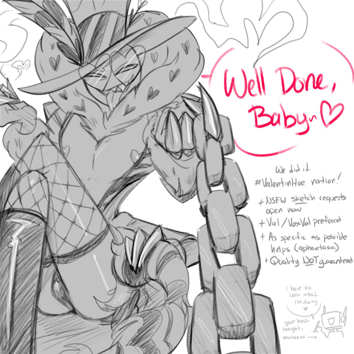 LET'S GO!! 🥂🥂 I've been very shy to post NSFW on this account and IT'S TIME TO CHANGE THAT. Opening nsfw sketch request now!! (pls dont expect much i'm n00b ktnx) #ValentinHoe #HazbinHotelValentino #VoxVal #StaticMoth #Requests
