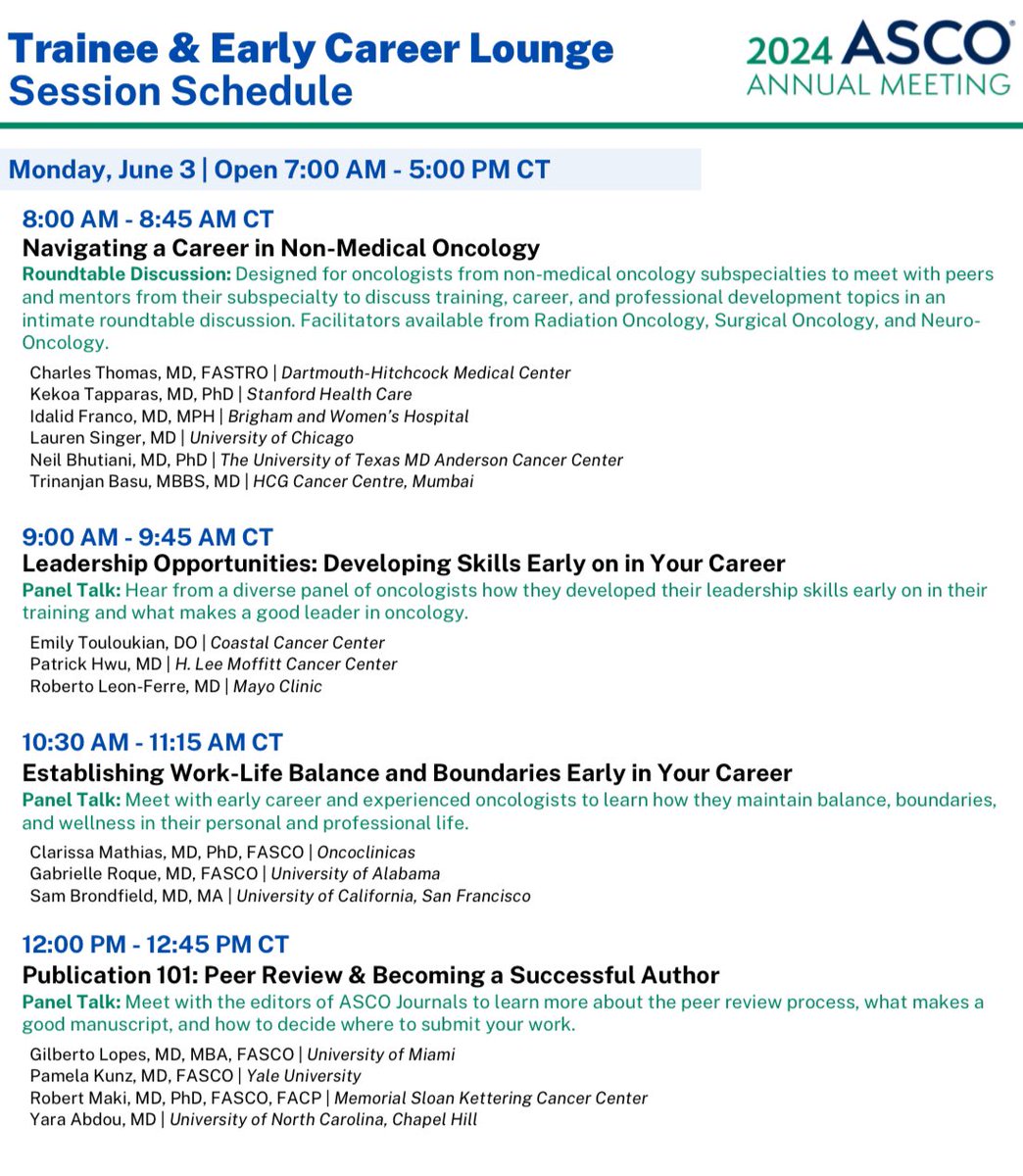 Trainee & Early Career Oncologists: Sessions and networking events for #ASCO24 @ASCO are here!!!⬇️ Plan in advanced and get a ☕️ at the new, larger location of the @ASCOTECAG lounge! (Hall C) society.asco.org/sites/new-www.… @jacobadashek @FernandoDiazMD1 @ADesaiMD