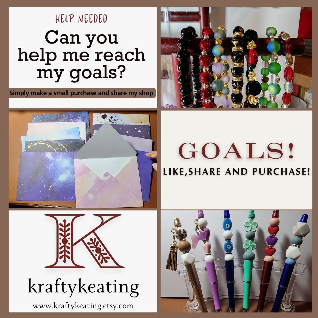 *ATTN* Please help me reach my goals. All you need to do is LIKE, SHARE, AND make a small PURCHASE!
kraftykeating.etsy.com <--Shop!
#keychains #pens #papercrafts #gifts #jewelryformoms #beadedbracelets #envelopes #EtsyHandmade #greetingcards #etsy #smallbusinessowner #promotion