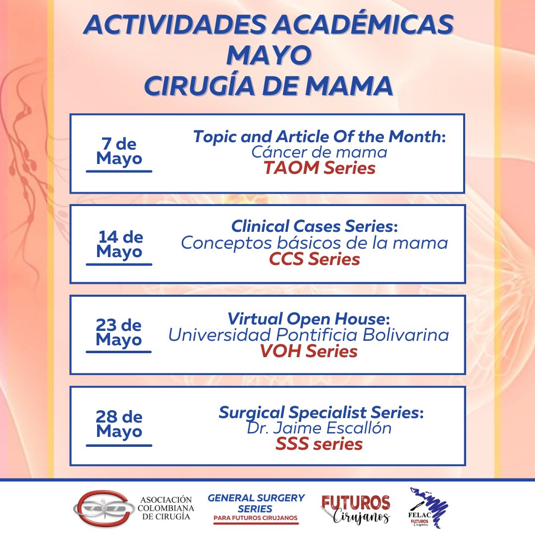 ¡Atención Futuros Cirujanos! Mayo será el mes de cirugía de mama con 4 actividades🩸 📍7 de Mayo: TAOM Series, post y link con el tema y el artículo del mes 🧑‍🏫 📍 14 de Mayo: CCS Series, compartiremos el caso clínico del mes junto a preguntas retadoras ⚒️⁉️