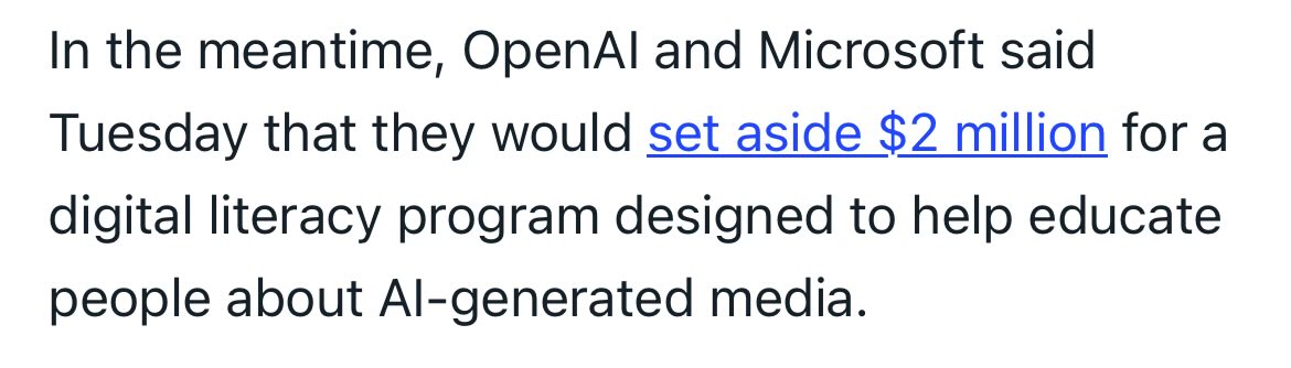 Two companies collectively worth $3.1 trillion dollars chip in together to pledge … $2 million to teach people about the potential harms of their software. Clap ... clap … clap