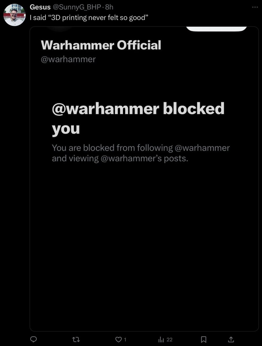 So how many people have been #BlockedByWarhammer? 🤔 Share your screenshots below, #WarhammerCommunity.

#Warhammer40000 #WarhammerTheOldWorld #BoycottGW