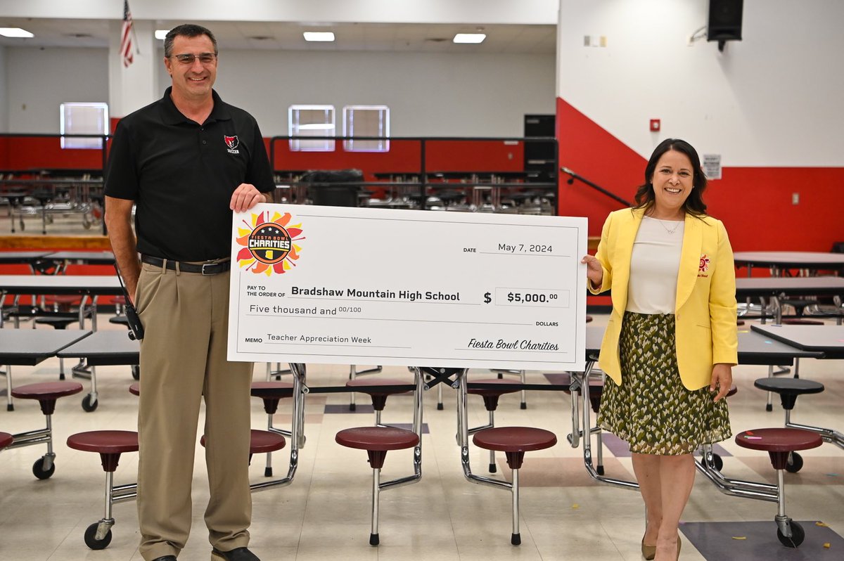 🚙 ➡️ Prescott! #FiestaBowl Charities surprised the teachers at Bradshaw Mountain High School this afternoon with $5,000 to assist with replacing items and equipment lost or damaged due to a recent fire and vandalism on their campus. We support you all! 🫶