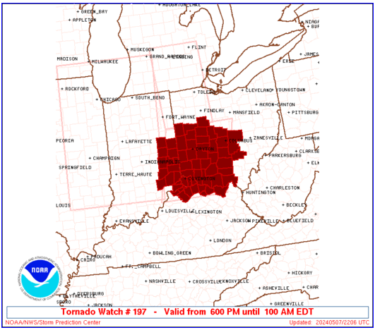 SPC issues Tornado Watch for parts of Central Ohio; includes Columbus and Franklin County; in effect until 1 am EDT.