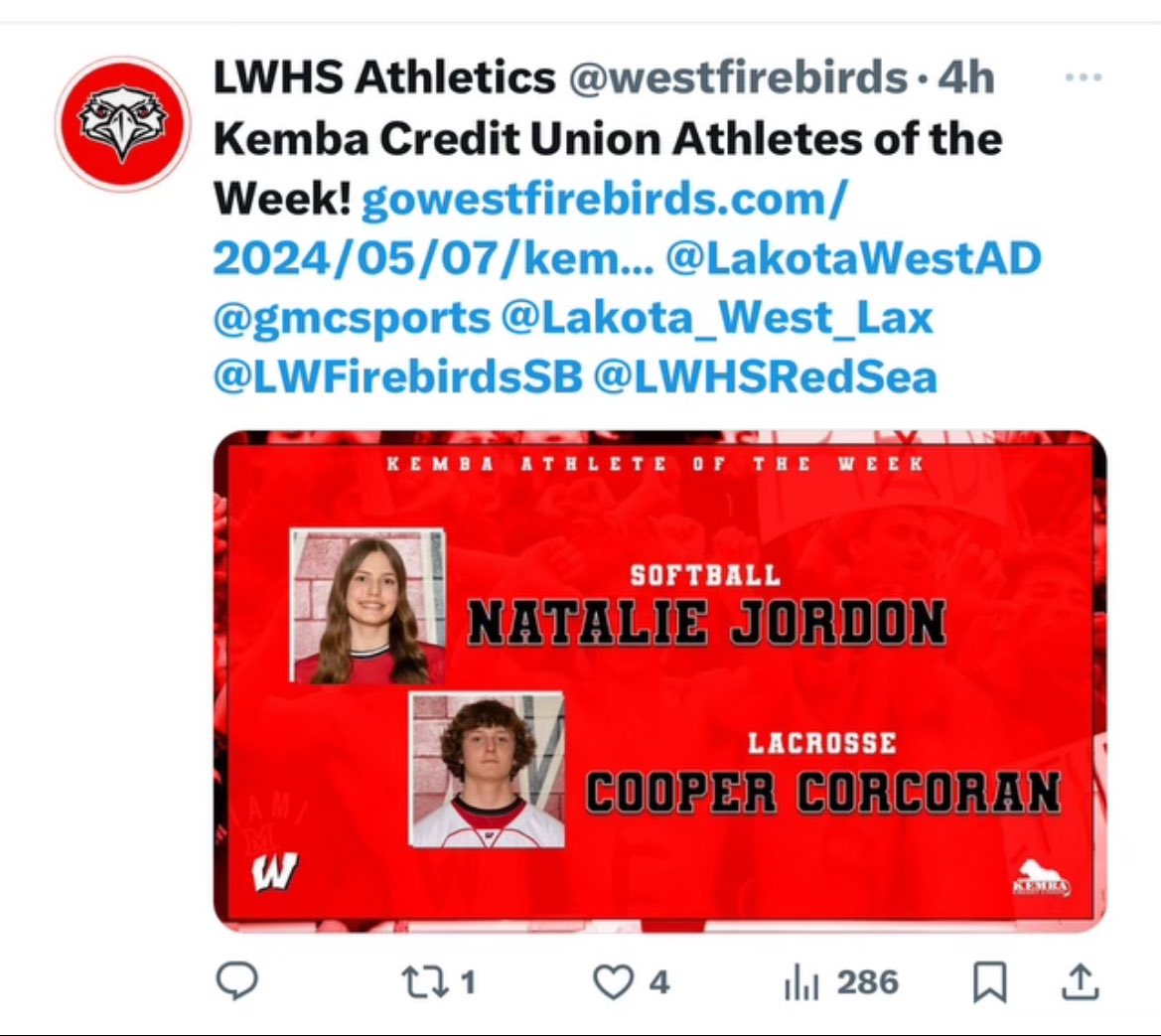 Check this out!!! Congratulations to Cooper Corcoran on being recognized as Kemba Credit Union Lakota West Athlete of the Week. Cooper crushed it this past week earning: -9 goals -2 assists -6 ground balls -2 caused turnovers Congratulations Cooper, keep working and killing it!