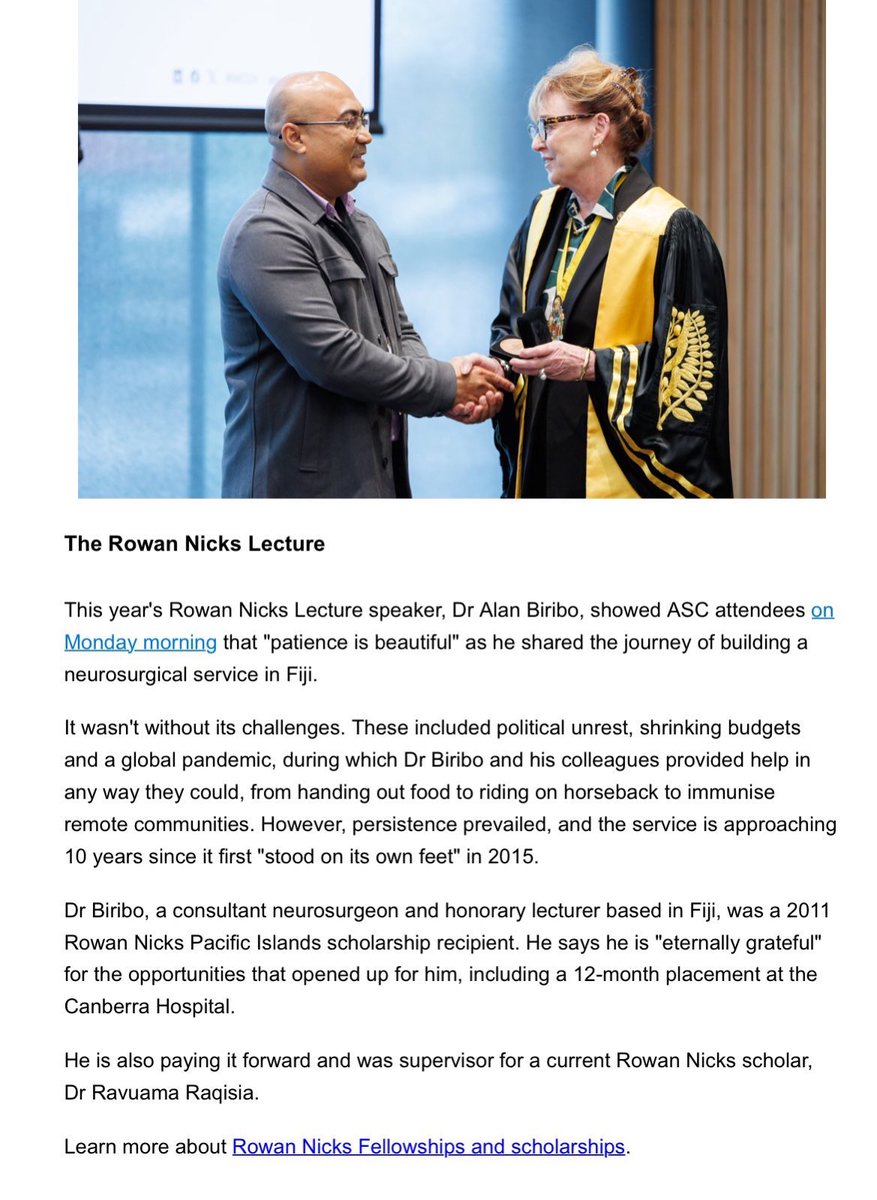 Vinakavakalevu Dr Alan Biribo for the hard work and determination is looking after our people with Neurosurgical conditions and being a fellow mentor to our younger colleagues.