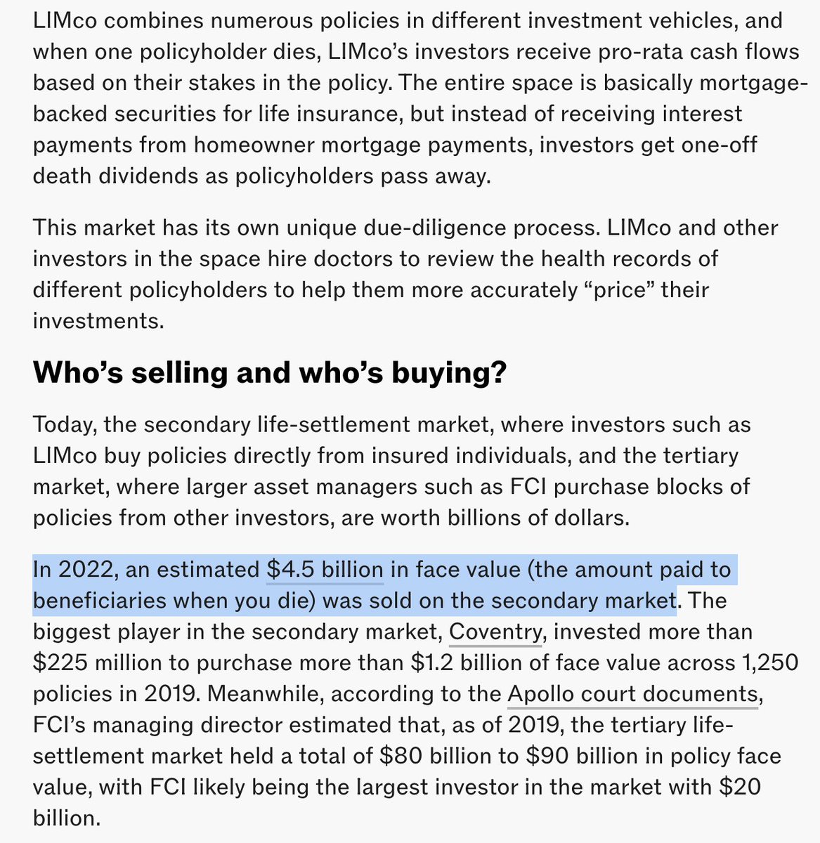 Imagine you could invest in an asset class that averaged 44% IRR, and its returns were uncorrelated from stocks, bonds, and commodities. The only catch: your payout depends on strangers’ deaths. Welcome to life-settlement investments. Last week, a story broke about Apollo…