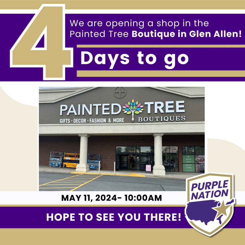 4 Days to go! 🎉 We are opening a shop in the Painted Tree Boutique in Glen Allen! Join us on May 11, 2024, at 10:00 am. Hope to see you THERE! - Purple Nation 💜 #JMU #PurpleNation #NewStore #GlenAllen #JMUAlumni #JMUCommunity #JMUFamily #JMUApparel #JMUAccessories #Dukes