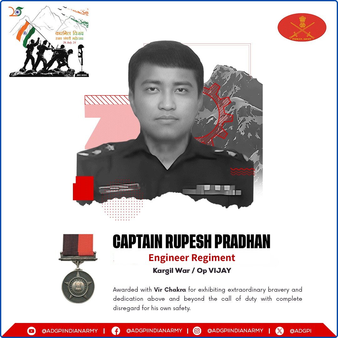 Captain Rupesh Pradhan Corps of Engineers 08 May 1999 Jammu and Kashmir Captain Rupesh Pradhan displayed an act of gallantry & exemplary courage beyond the call of duty during 'Op Vijay'. Awarded #VirChakra. Salute to the War Hero! gallantryawards.gov.in/awardee/2840