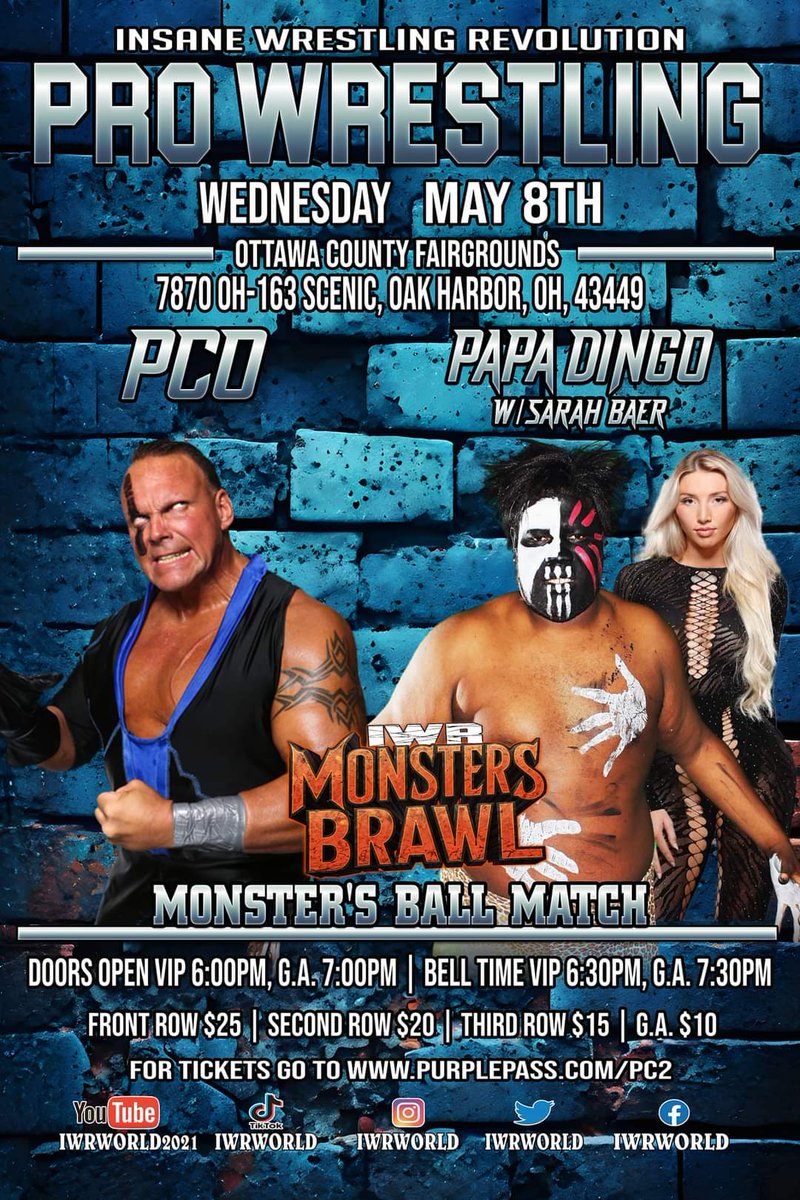 Tickets for tomorrow's IWR-Monster's Brawl in Oak Harbor Ohio are available at the door tomorrow! Don't miss this pro wrestling event! #iwr #InsaneWrestlingRevolution