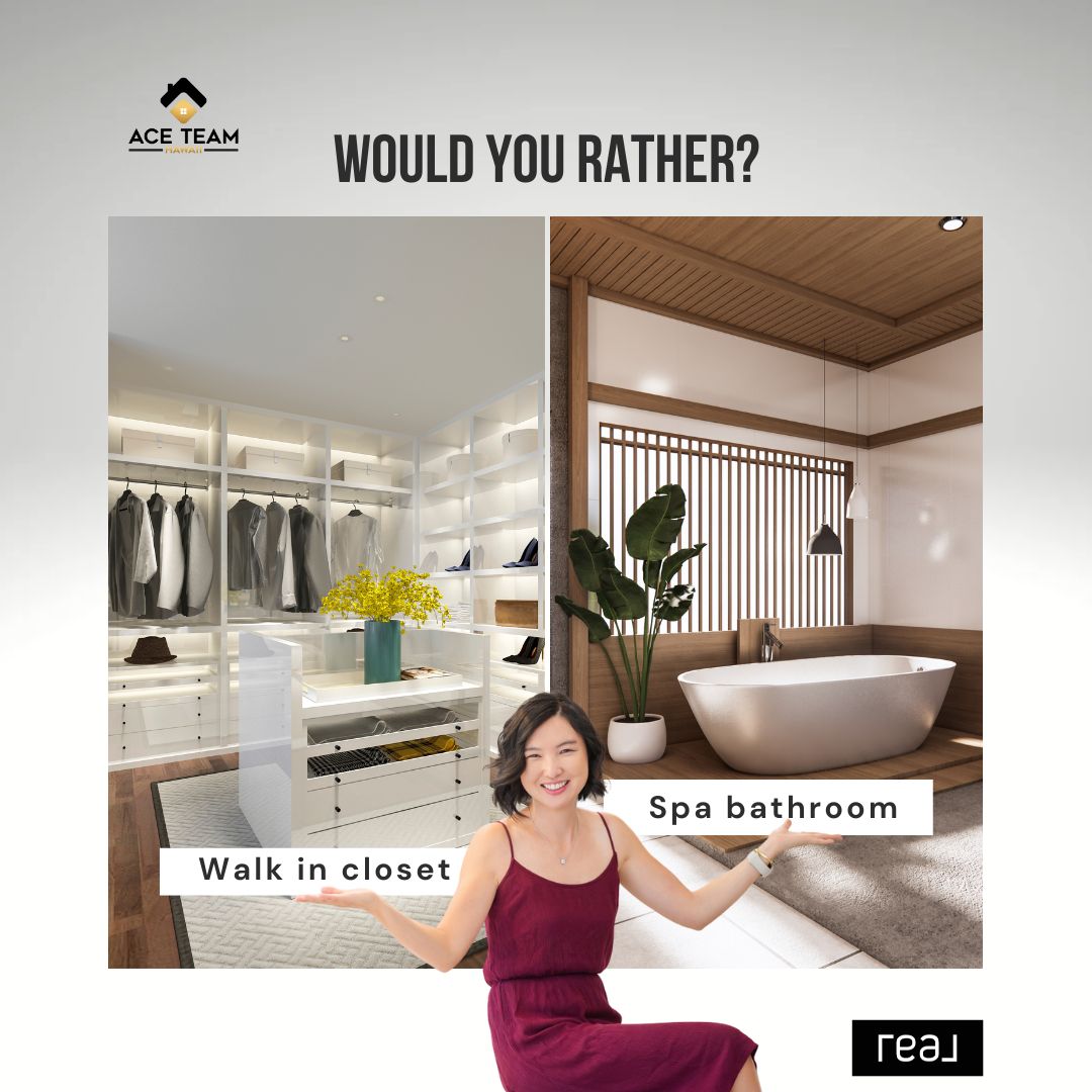 Would you rather have a house with a fancy walk in closet or a relaxing spa bathroom? 🤔

Let me know what you’d choose in the comments and let’s see which one wins! 🚪🛀🏼
.
.
.
#thisorthat #spabathroom #walkincloset #Hawaii #AceTeamHawaii  #Realbrokerage #EricaYoonHawaii