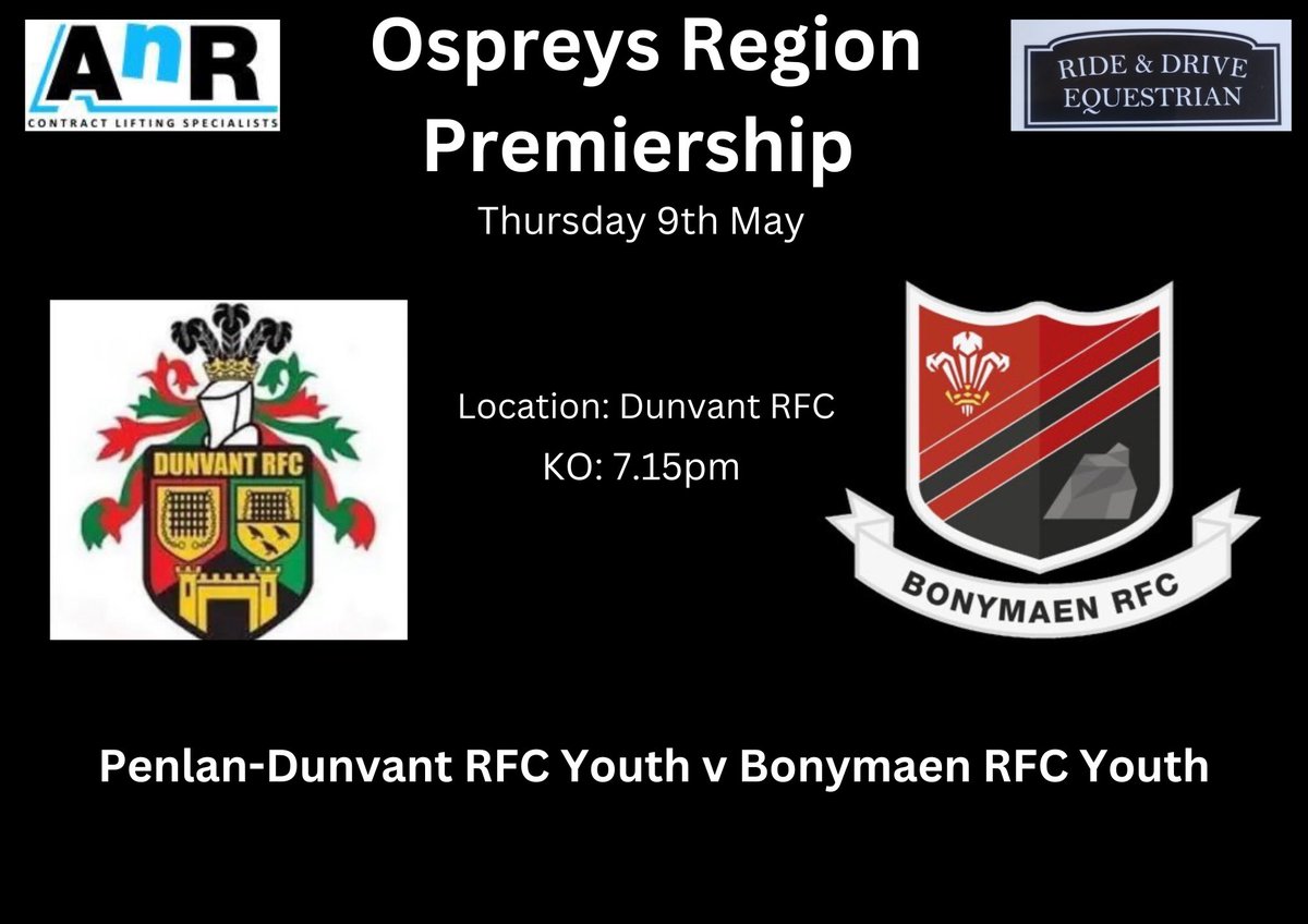 🔴⚫️Mid Week Match🔴⚫️

This Thursday our Youth travel to <a href="/DunvantRFC/">Dunvant Rugby Club</a> for their last game of the season against Penlan/Dunvant Youth.

KO - 7:15pn

Come and support the boys in their last game of the season🔴⚫️