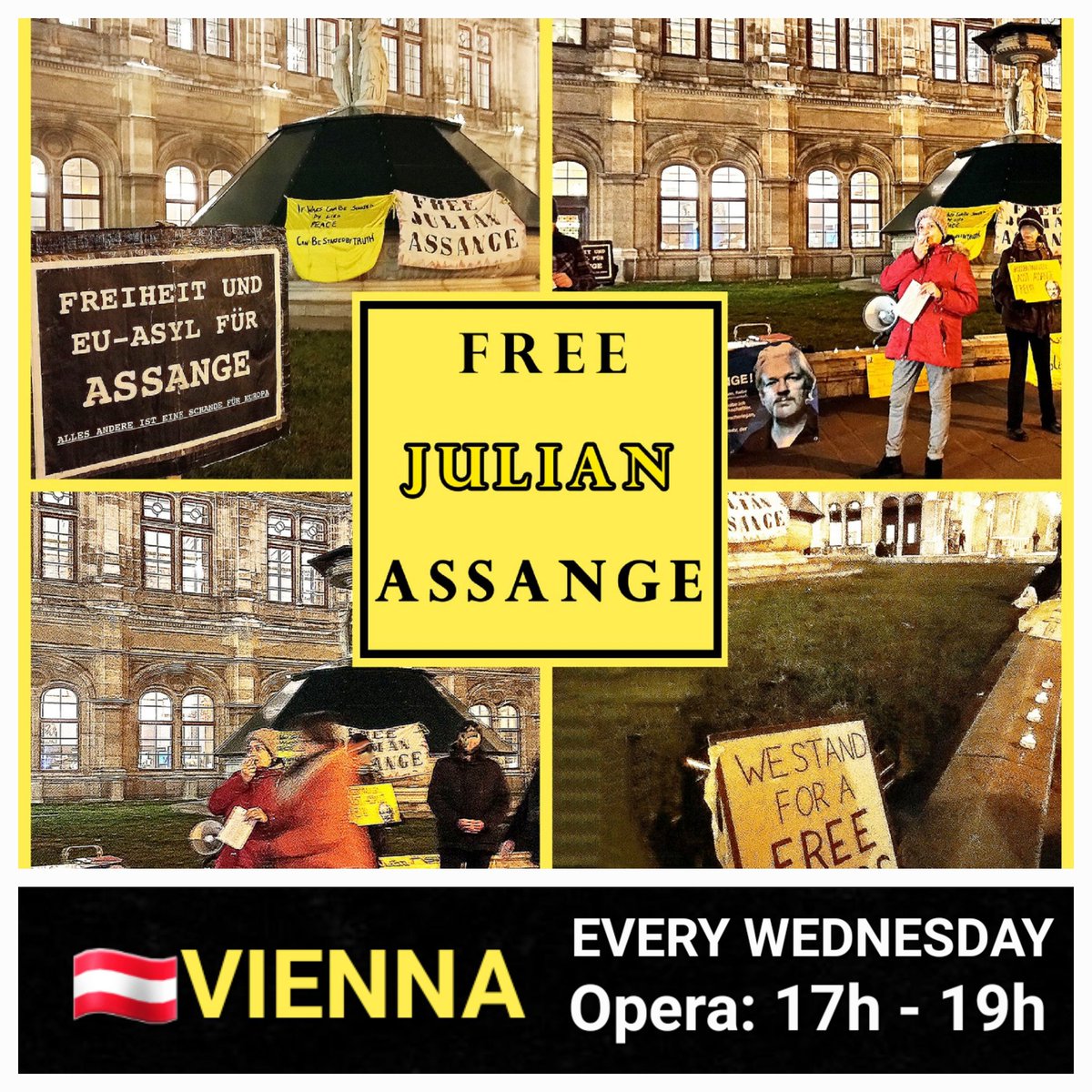 🇦🇹VIENNA

🔥WED 8 MAY 2024
🔥WED 15 MAY 2024
🔥WED 22 MAY 2024
Opera 17h

Weekly on Wednesdays #ViennaCandles4Assange
#AustriaCandles4Assange

#FreeAssangeNOW 

via @yviy1