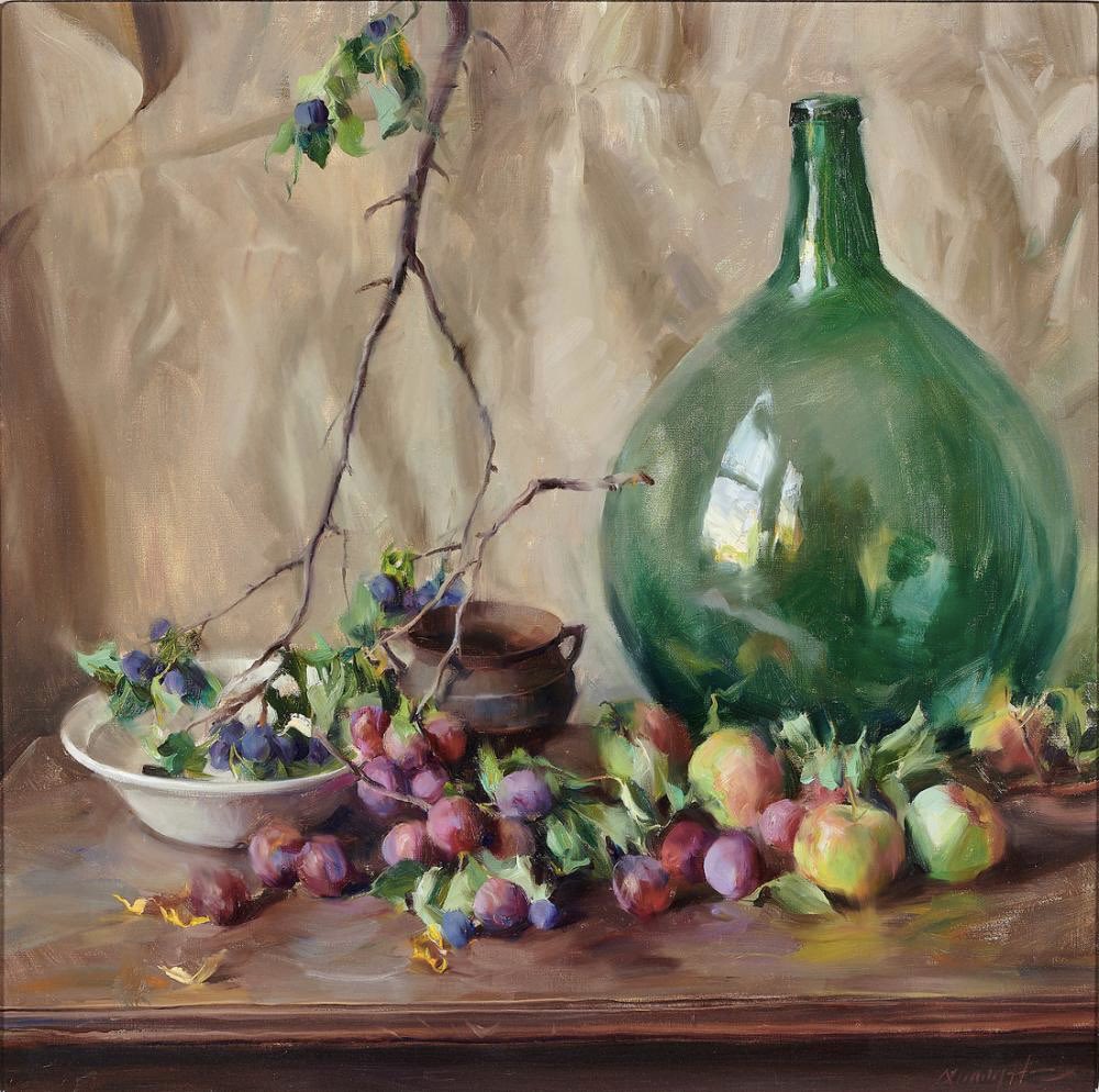 Still Life with Apples, Plums, and a Green Glass Bottle Quang Ho c1993