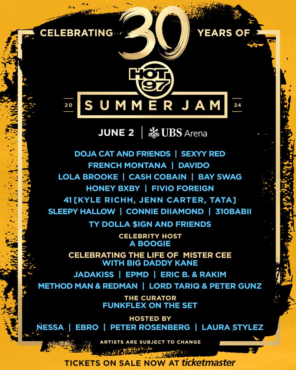We’re Celebrating 30 Years of #HOT97SummerJam with 30% OFF TICKETS for a limited time only‼️ See @DojaCat, @SexyyRed314_ , and many others at @UBSArena when #HipHop’s biggest artists hit the Summer Jam stage. 🔥 Get your tickets now from Ticketmaster: hot97.vip/sj24live