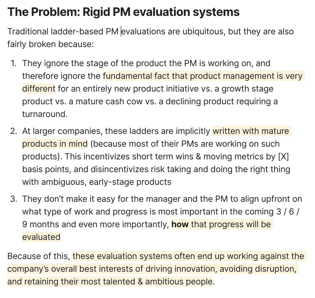 shreyas's tweet image. ✨ New resource: a PM Performance Evaluation template (along with a calibration meeting story)

Throughout my 15+ years as a PM, I’ve consistently felt that ladder-based PM performance evaluations seem broken, but I couldn’t quite find the words to describe why.

Early on in my…