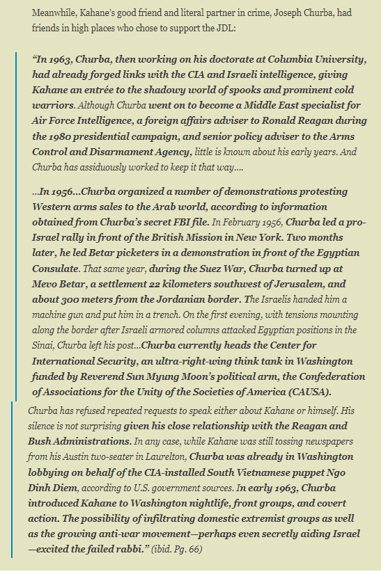 Meri Kahane was a criminal & an asset for the FBI & CIA, & had connections to figures in the 'Non Communist Left' counterinsurgency project that even predate the CIA, such as Jay Lovestone. Kahane's own partner in crime had later connections to Iran-Contra & other Reagan era ops