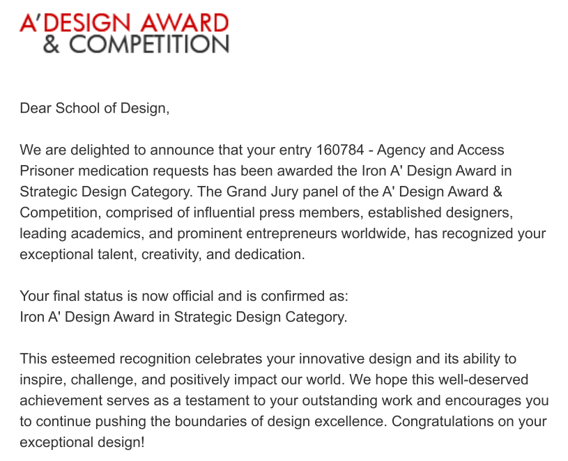 QUT Design Lab (@qutdesign) on Twitter photo Congratulations to <a href="/edu_Lisa/">lisa scharoun</a> and <a href="/evonnephd/">Prof Evonne Miller</a> Miller. Their project, Agency and Access, which redesigned the form used by #prisoners to request #health services, has received an Iron A' Design Award for Strategic Design.
research.qut.edu.au/designlab/proj… Congratulations to <a href="/edu_Lisa/">lisa scharoun</a> and <a href="/evonnephd/">Prof Evonne Miller</a> Miller. Their project, Agency and Access, which redesigned the form used by #prisoners to request #health services, has received an Iron A' Design Award for Strategic Design.
research.qut.edu.au/designlab/proj…