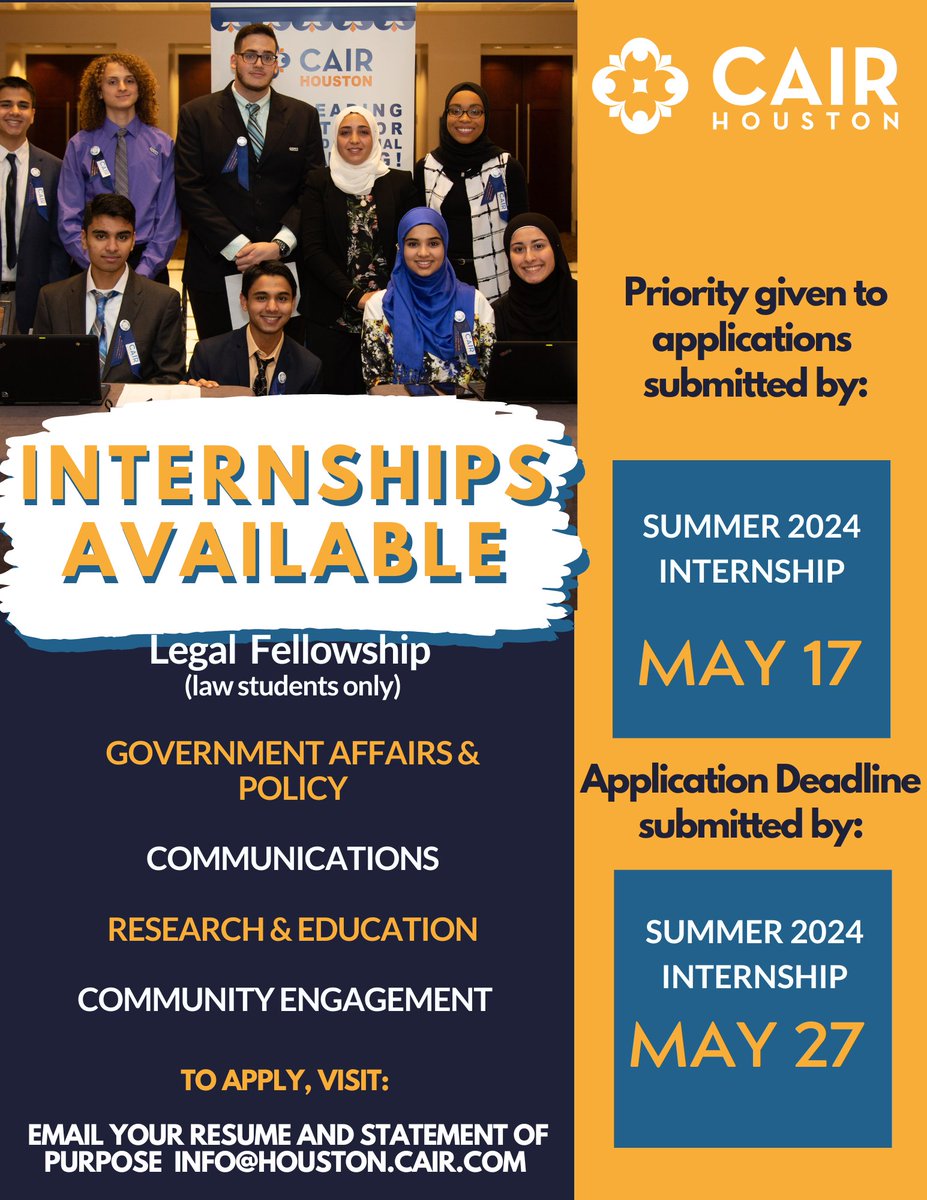 🌟 NEW opportunity alert! Join us for a transformative summer internship at CAIR-Houston! 🌞 Whether you're passionate about law, government affairs, media relations, or community building, there's a place for you. Priority given to apps by May 17!  #SummerInternship