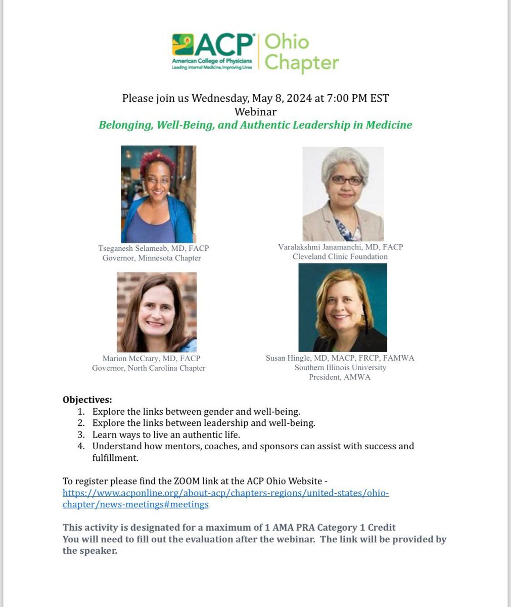 As the new Chair of the #WomeninMedicine Committee @OhioAcp I am honored & delighted to share this invite to tune in to listen to the wonderful physician women in this webinar @medpedshosp @Mud_Fud @ACPIMPhysicians @CCF_IMCHIEFS @SusanHingle @NCACPchapter @mn_acp @CleClinicMD