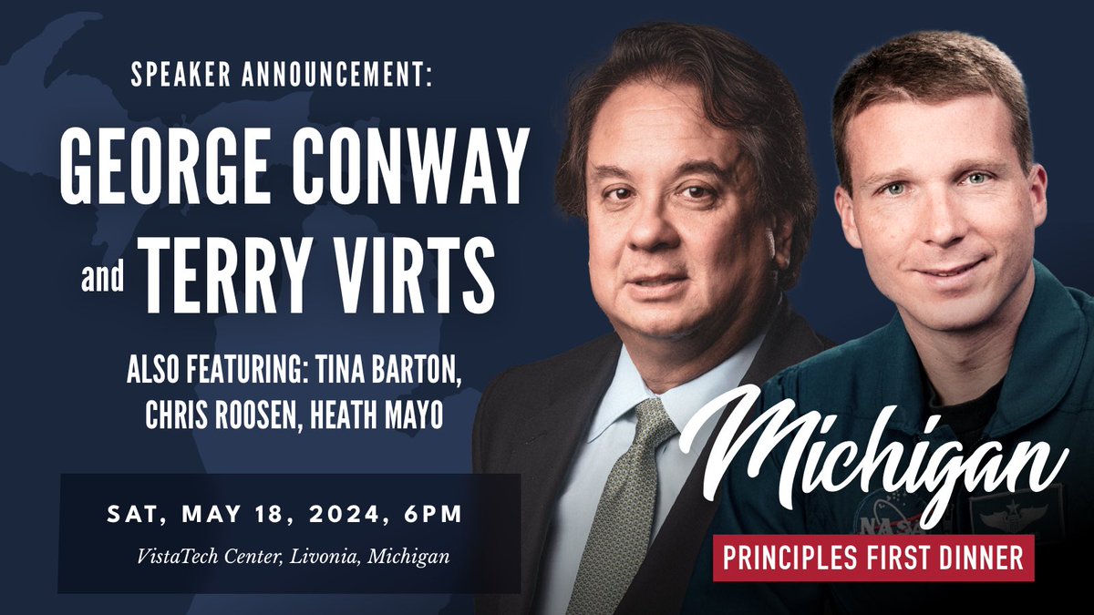 We’re in Michigan next week! Space is limited. Join the MI Principles First community over dinner, featuring @gtconway3d, @AstroTerry, @TinaLBarton, @ChrisRoosenUSA, @HeathMayo & others. We’ll talk 2024 & the challenges facing the country. Register: eventbrite.com/e/principles-f…