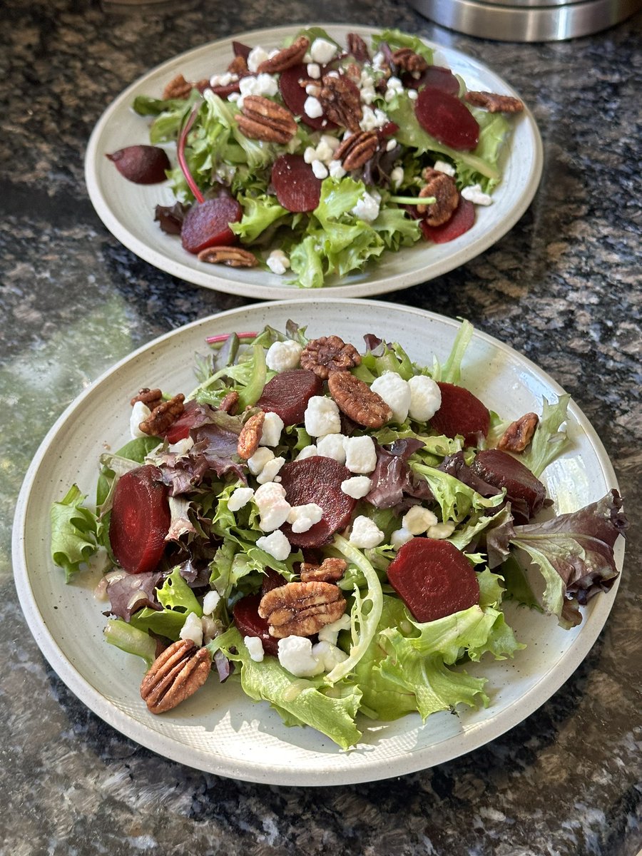 Fave salad in the house - baby greens, beets, goat cheese, candied pecans with a simple red wine shallot vinaigrette.