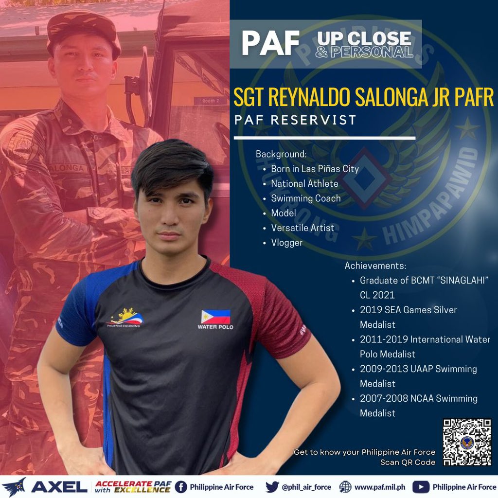 PAF UP CLOSE & PERSONAL | This Week's Reservist Spotlight Meet Sgt Reynaldo Salonga Jr PAFR, who became a social media sensation during the early rounds of the 2019 SEA Games. See more: facebook.com/share/p/8UQiA3…