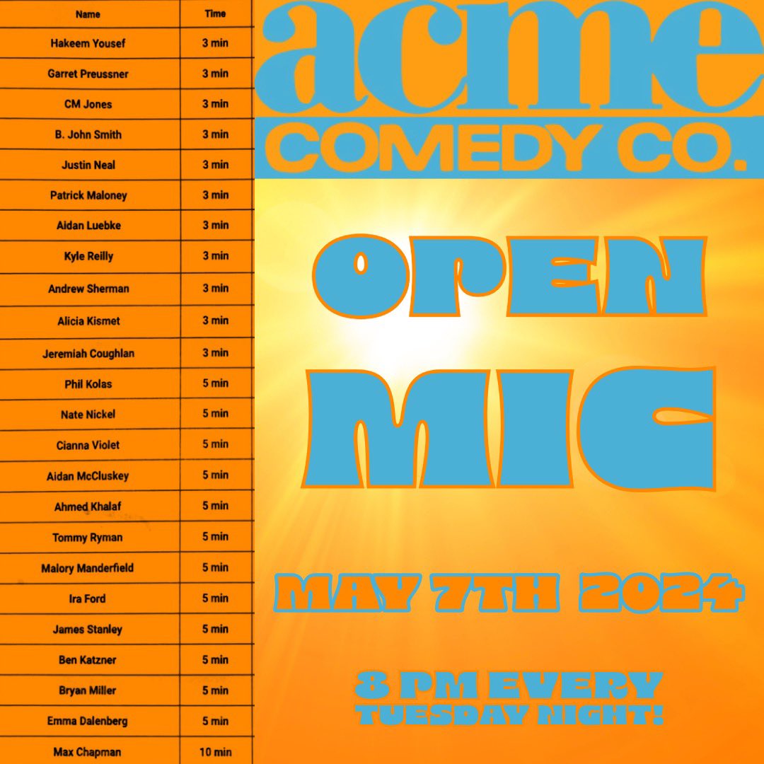 Acme Comedy Company May 7th 2024: With Acme’s Funniest Person Competition kicking off this week we welcome some new faces onto the #openmic slate! Open Mic at Acme takes place every Tuesday and is always free of charge! Libations, snacks, and laughs on tap as well… 🔥 🥘 🍹