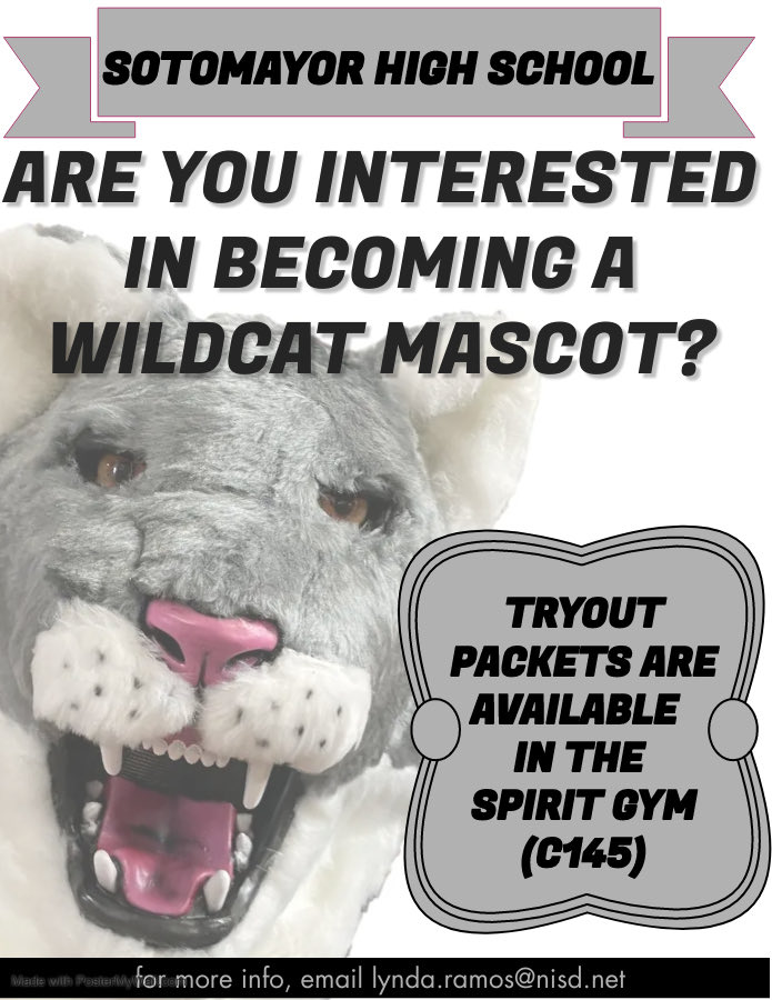 Stop by the Spirit Gym for an application if you’re interested in trying out for mascot! ⁦<a href="/WildcatsDen_SA/">Sotomayor Wildcats Den</a>⁩ ⁦<a href="/NISDSotomayor/">Sotomayor High School</a>⁩ ⁦<a href="/SotomayorPTSA/">Sotomayor PTSA</a>⁩