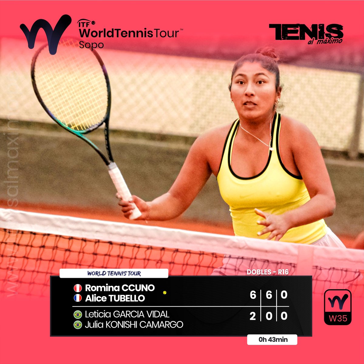 #ITFPro |  En el inicio de su participación en duplas, la arequipeña Romina Ccuno logró el acceso a los cuartos de final en el ITF World Tennis Tour W35 de Sopo, evento que se juega sobre arcilla en las instalaciones del Club Hato Grande, Cundinamarca, Colombia.