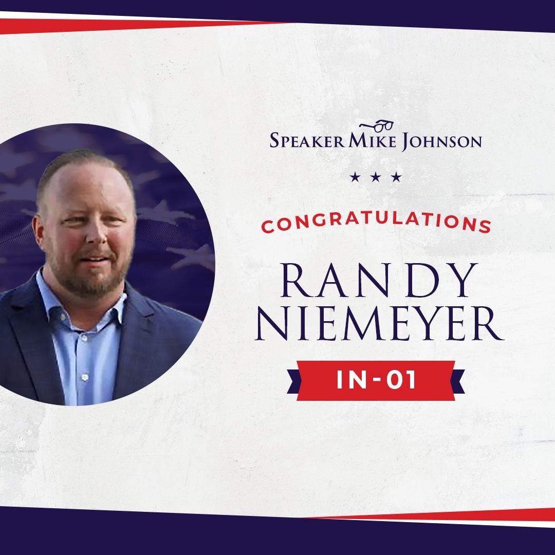 Congratulations to @Niemeyer_Randy on winning the #IN01 primary! I look forward to working together to grow the majority in November. 🇺🇸